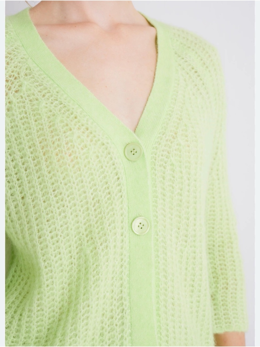 stradivarius Light Lime V-Neck Open-Knit Button Cardigan